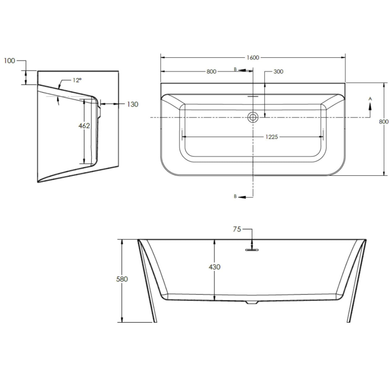 D-Shape Back To Wall Freestanding Bath 1600 x 800mm - White