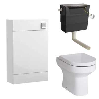 Eden Compact White WC Unit + Harmony Back To Wall Toilet Bundle With Round Chrome Flush Button