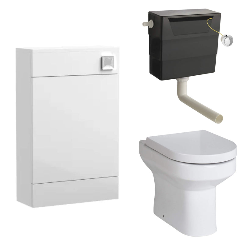 Eden Compact White WC Unit + Harmony Back To Wall Toilet Bundle With Round Chrome Flush Button