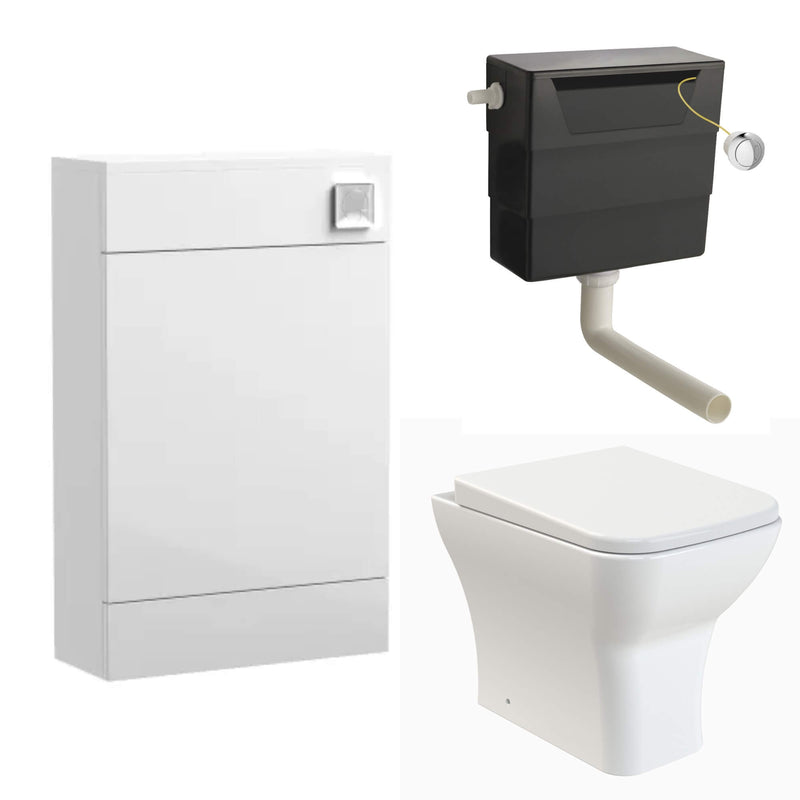 Eden Compact White WC Unit + Como Rimless Back To Wall Toilet Bundle With Round Chrome Flush Button