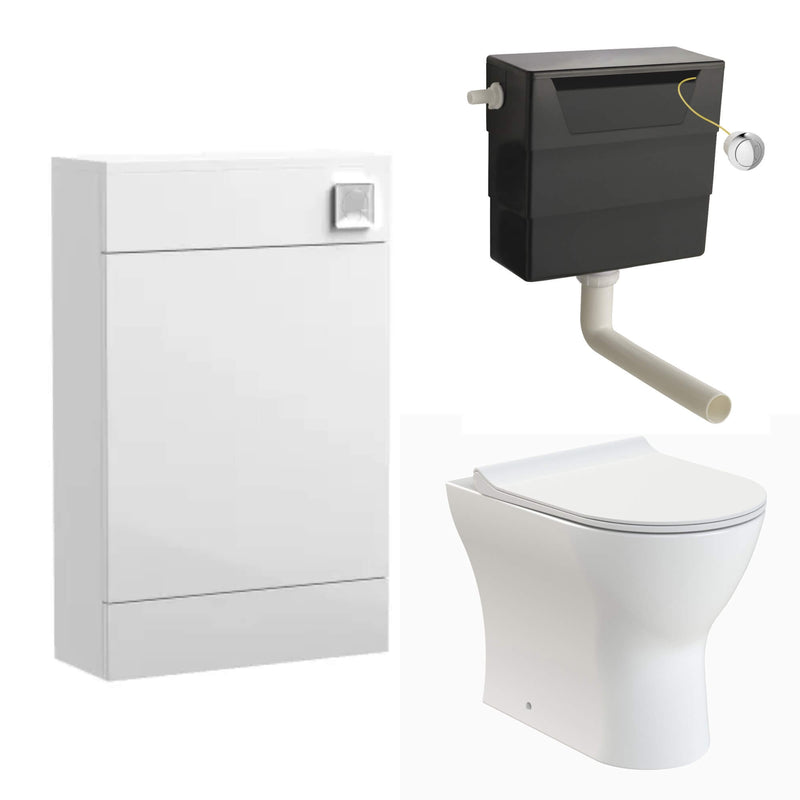 Eden Compact White WC Unit + Lana Rimless Back To Wall Toilet Bundle With Round Chrome Flush Button