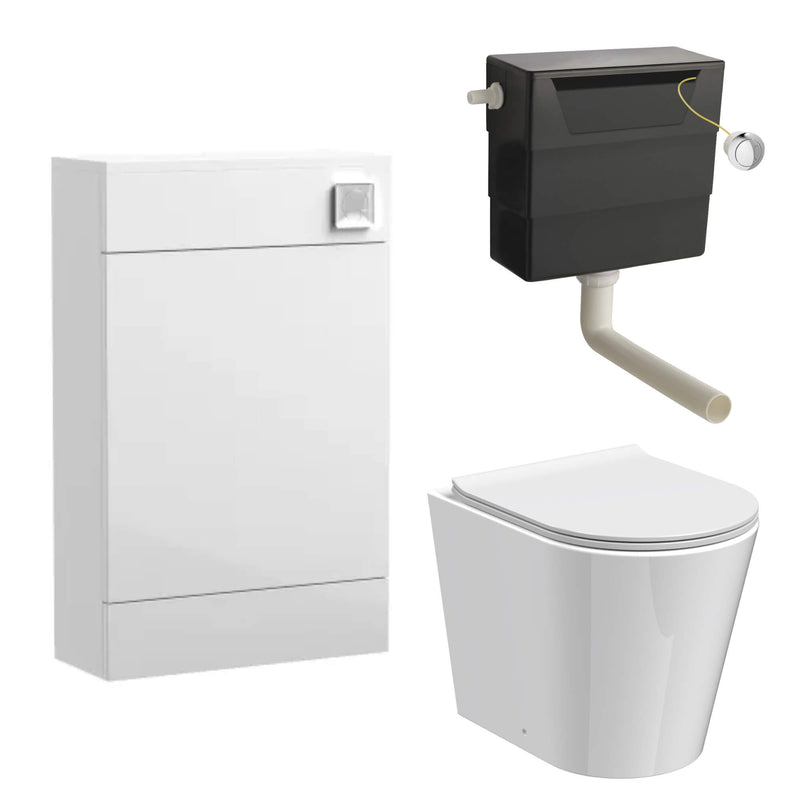 Eden Compact White WC Unit + Lana Round Rimless Back To Wall Toilet Bundle With Round Chrome Flush Button