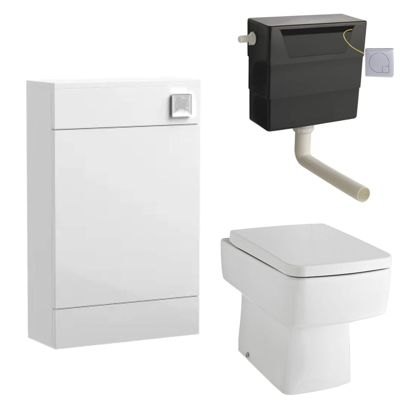 Eden Compact White WC Unit + Cape Back To Wall Toilet Bundle With Square Chrome Flush Button