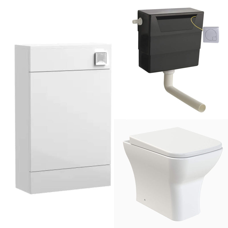 Eden Compact White WC Unit + Como Rimless Back To Wall Toilet Bundle With Square Chrome Flush Button