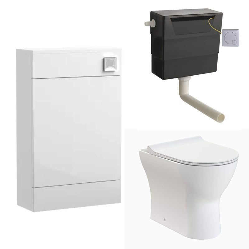 Eden Compact White WC Unit + Lana Rimless Back To Wall Toilet Bundle With Square Chrome Flush Button