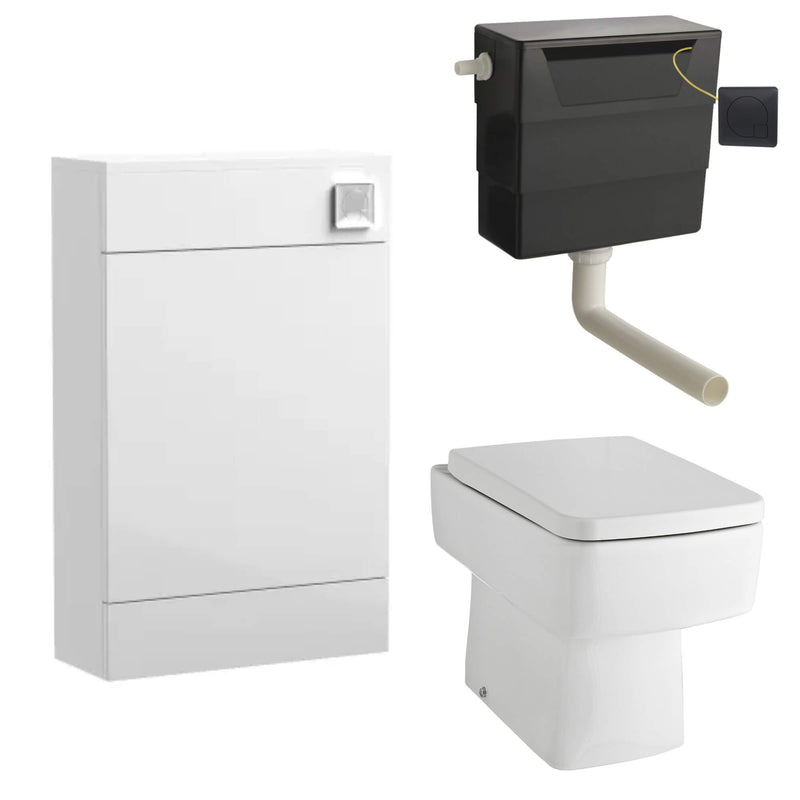 Eden Compact White WC Unit + Cape Back To Wall Toilet Bundle With Square Matt Black Flush Button