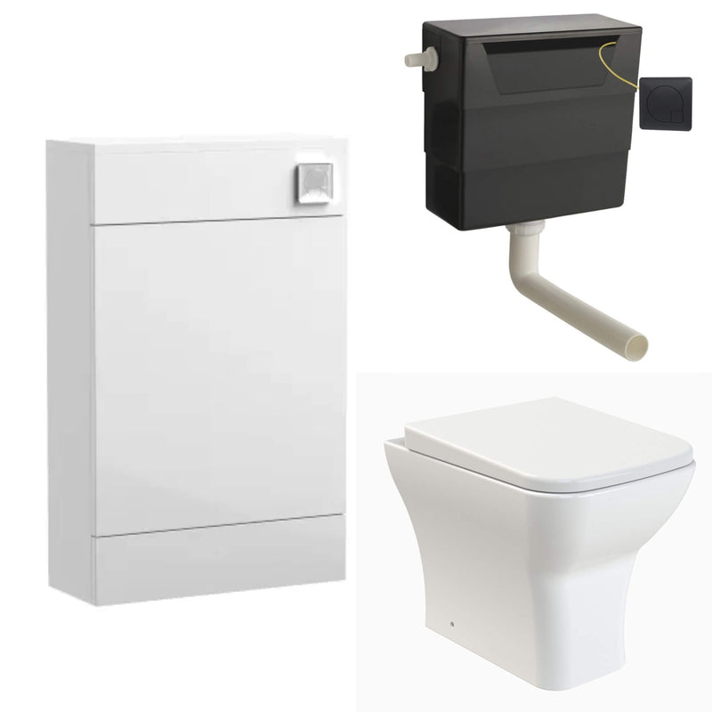Eden Compact White WC Unit + Como Rimless Back To Wall Toilet Bundle With Square Matt Black Flush Button