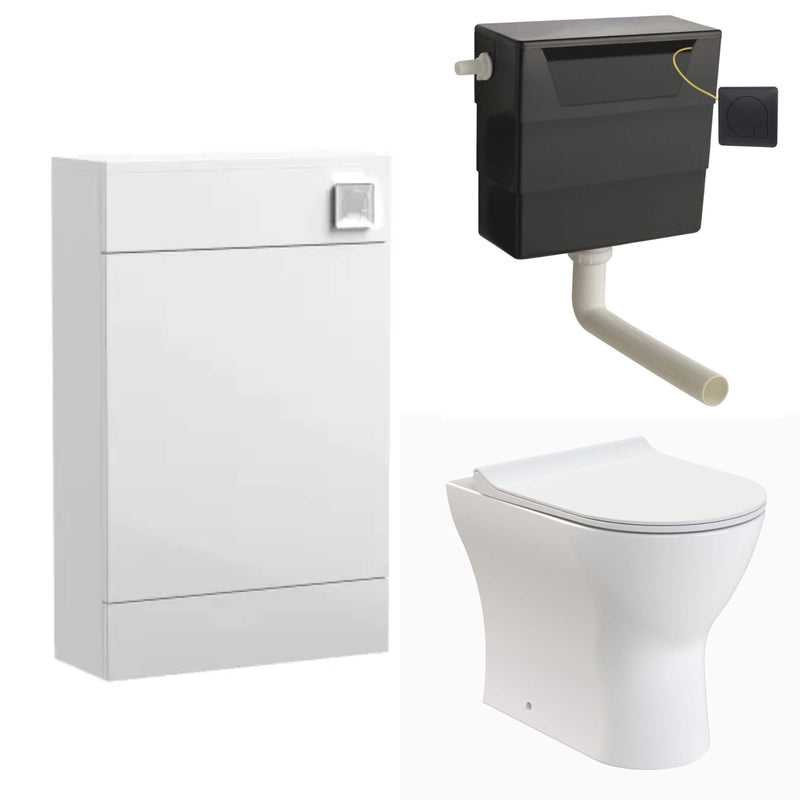 Eden Compact White WC Unit + Lana Rimless Back To Wall Toilet Bundle With Square Matt Black Flush Button