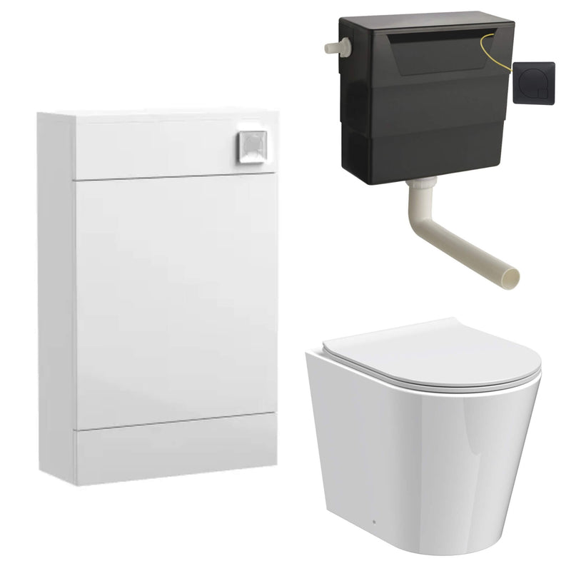 Eden Compact White WC Unit + Lana Round Rimless Back To Wall Toilet Bundle With Square Matt Black Flush Button