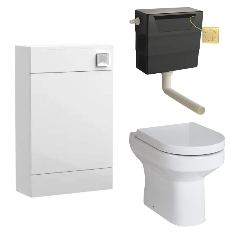 Eden Compact White WC Unit + Harmony Back To Wall Toilet Bundle With Square Brushed Brass Flush Button