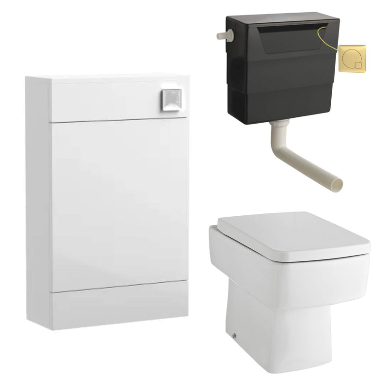 Eden Compact White WC Unit + Cape Back To Wall Toilet Bundle With Square Brushed Brass Flush Button