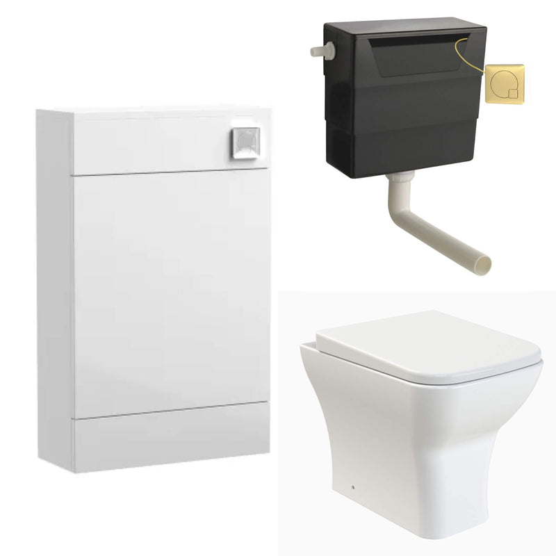 Eden Compact White WC Unit + Como Rimless Back To Wall Toilet Bundle With Square Brushed Brass Flush Button
