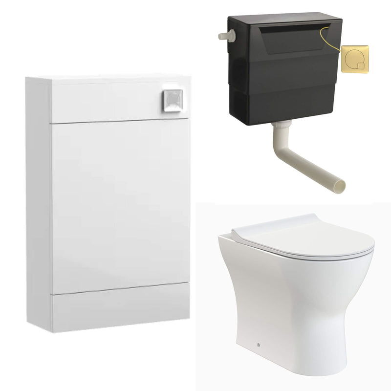 Eden Compact White WC Unit + Lana Rimless Back To Wall Toilet Bundle With Square Brushed Brass Flush Button