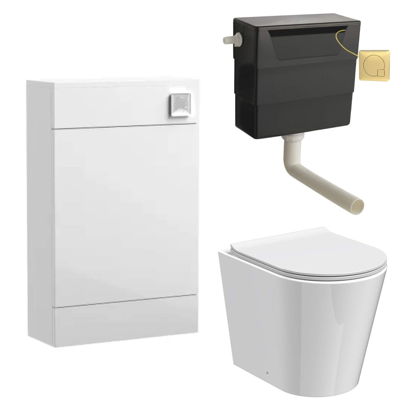 Eden Compact White WC Unit + Lana Round Rimless Back To Wall Toilet Bundle With Square Brushed Brass Flush Button