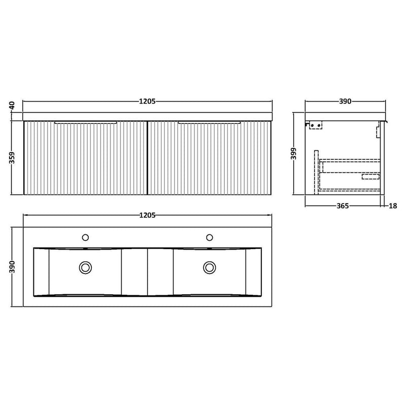 Hudson Reed Fluted Wall Hung 1200mm Vanity Unit With 2 Drawers & Twin Basin - Satin Anthracite