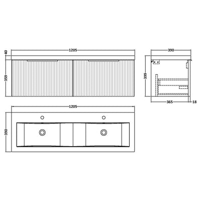 Hudson Reed Fluted Wall Hung 1200mm Vanity Unit With 2 Drawers & Twin Basin - Satin Green