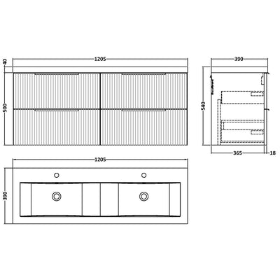 Hudson Reed Fluted Wall Hung 1200mm Vanity Unit With 4 Drawers & Twin Basin - Satin Blue