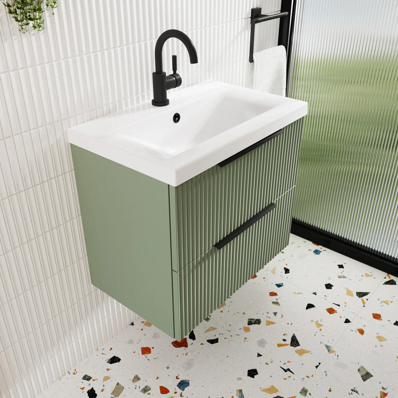 Hudson Reed Fluted Wall Hung 500mm Vanity Unit With 1 Drawer & Ceramic Basin - Satin Blue