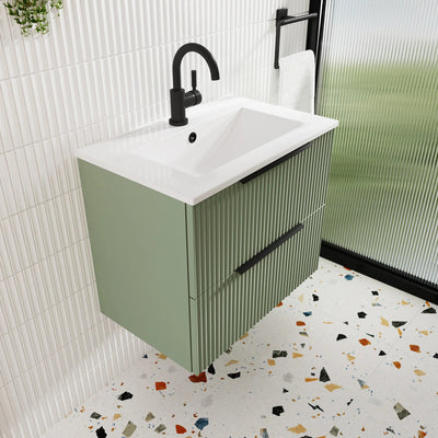 Hudson Reed Fluted Wall Hung 600mm Vanity Unit With 2 Drawers & Ceramic Basin - Satin Blue