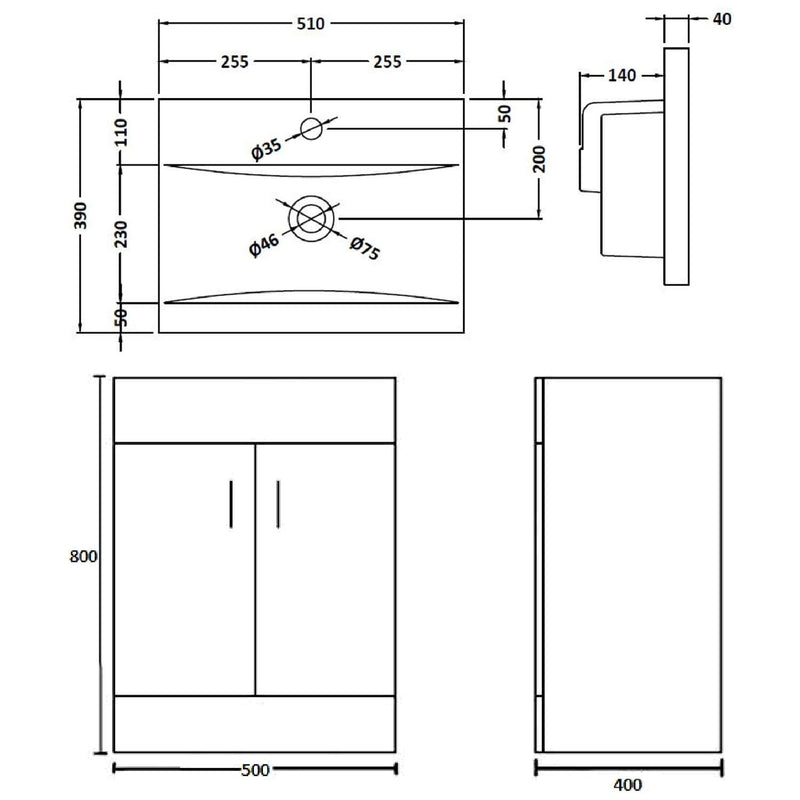 Lomond 500mm Floor Standing Vanity Unit & & Mid-Edge Basin