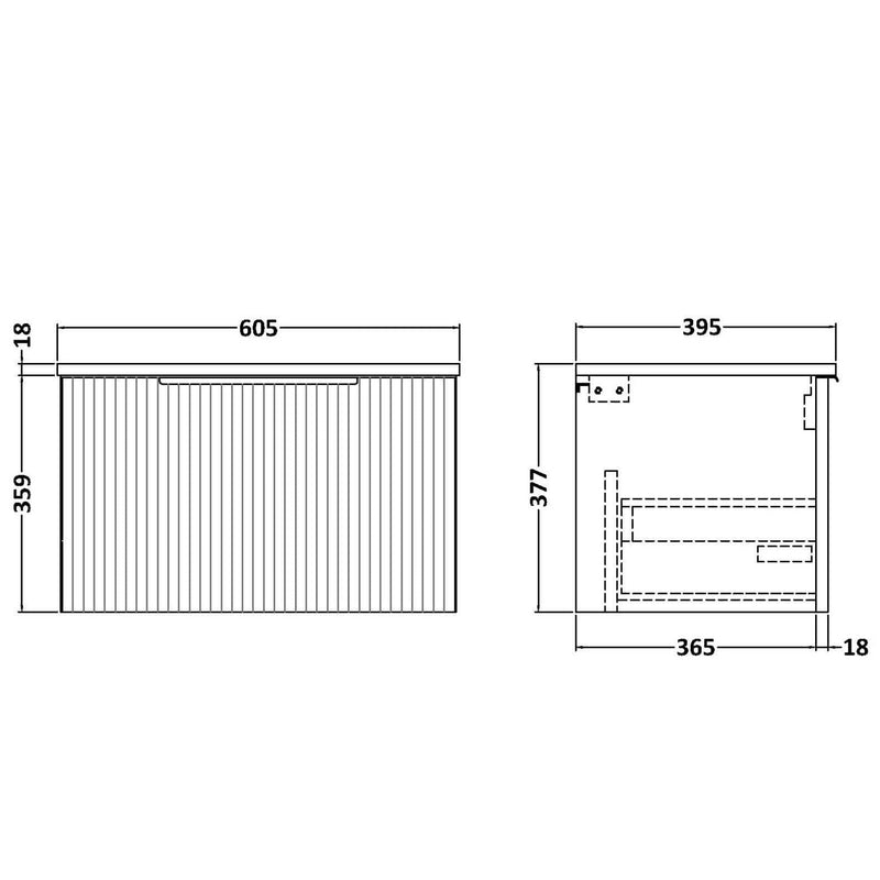 Hudson Reed Fluted Wall Hung 600mm Vanity Unit With 1 Drawer & Ceramic Basin