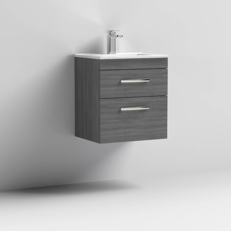 Cape 500mm Wall Hung 2 Drawer Vanity Unit & Minimalist Basin - Anthracite Woodgrain