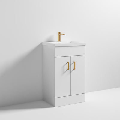 Lomond 500mm Gloss White Floorstanding Vanity Unit With Ceramic Basin - Brushed Brass Handles & Overflow Cover