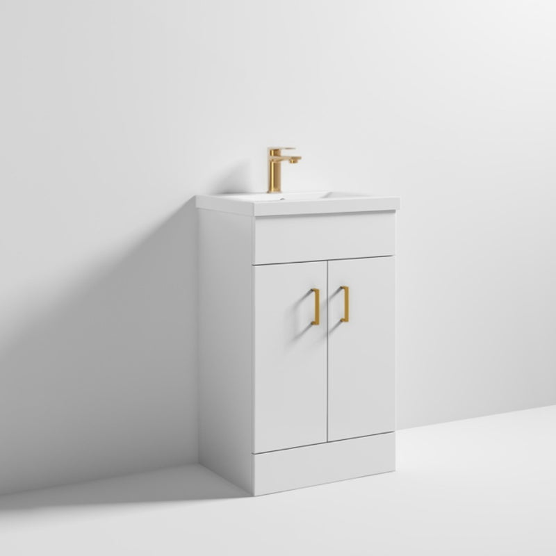 Lomond 500mm Gloss White Floorstanding Vanity Unit With Ceramic Basin - Brushed Brass Handles & Overflow Cover