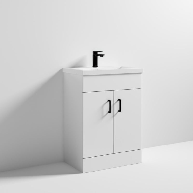 Lomond 600mm Gloss White Floorstanding Vanity Unit With Ceramic Basin - Matt Black Handles & Overflow Cover