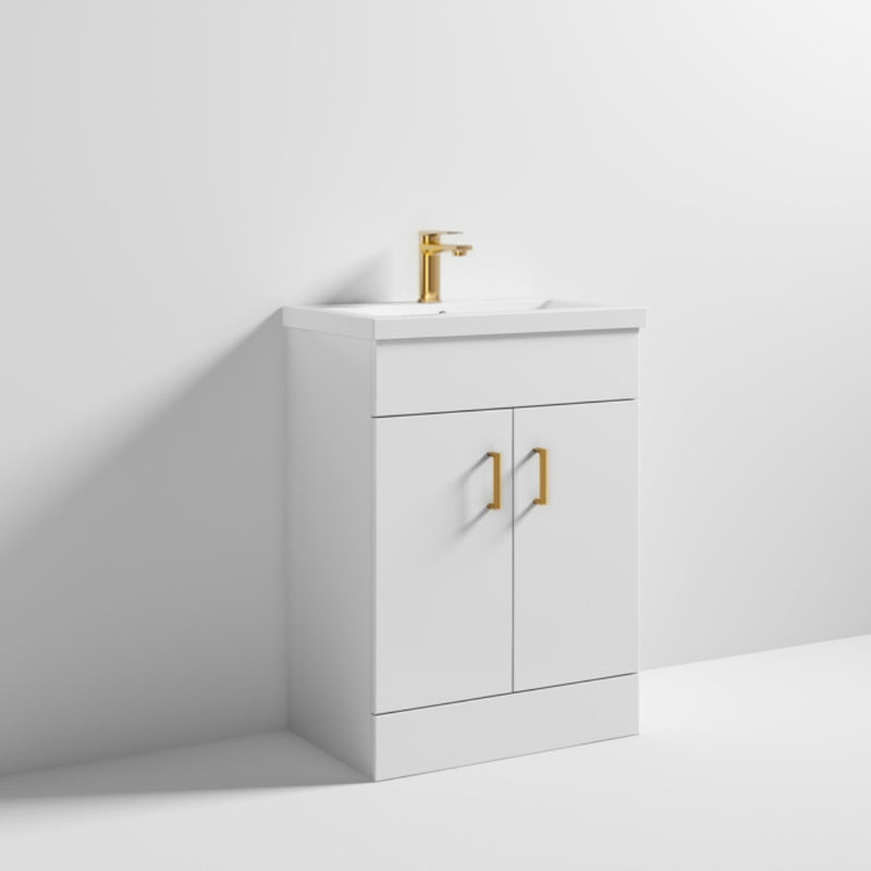 Lomond 600mm Gloss White Floorstanding Vanity Unit With Ceramic Basin - Brushed Brass Handles & Overflow Cover