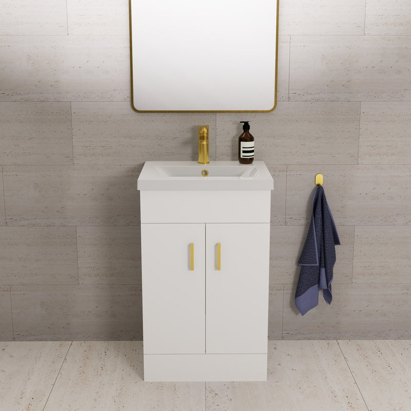 Lomond 500mm Gloss White Floorstanding Vanity Unit With Ceramic Basin - Brushed Brass Handles & Overflow Cover