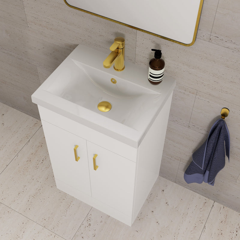 Lomond 500mm Gloss White Floorstanding Vanity Unit With Ceramic Basin - Brushed Brass Handles & Overflow Cover