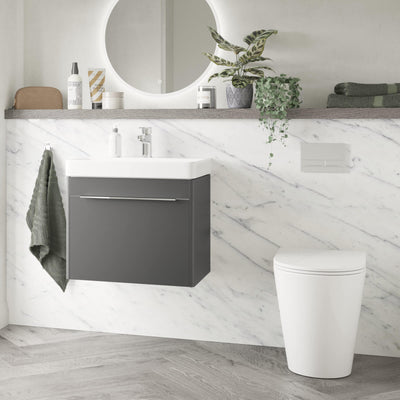 Lux Round Rimless Back To Wall Toilet & Soft Close Seat - Brushed Brass Fittings