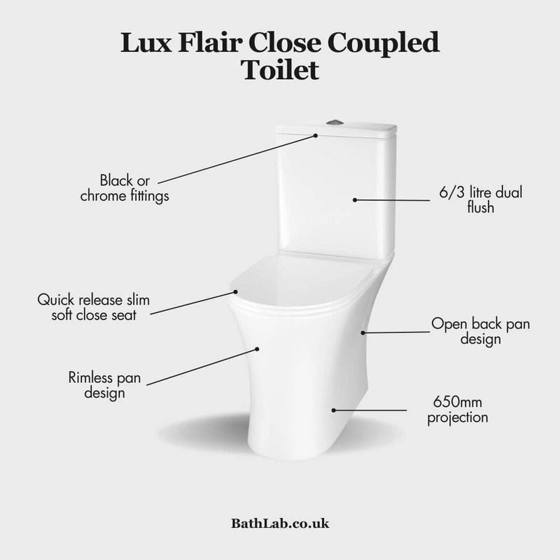 Lux Flair Rimless Close Coupled Toilet & Soft Close Seat - Chrome Fittings