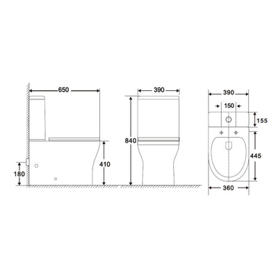 Lux Flair Rimless Back To Wall Close Coupled Toilet & Soft Close Seat - Matt Black Fittings