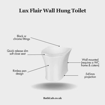 Lux Flair Rimless Wall Hung Toilet & Soft Close Seat - Chrome Fittings