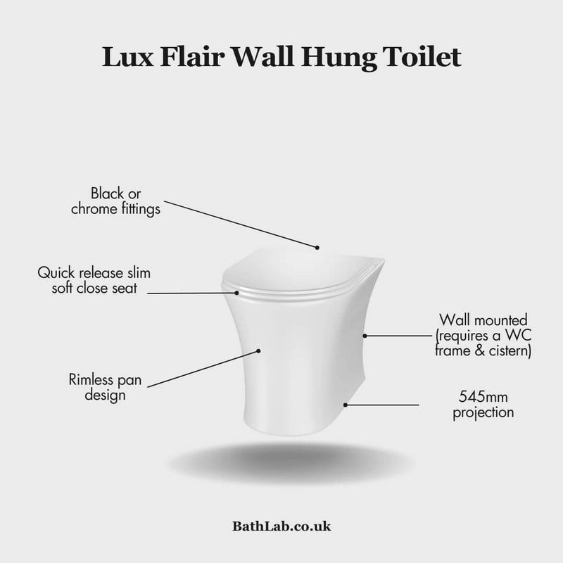 Lux Flair Rimless Wall Hung Toilet & Soft Close Seat - Chrome Fittings