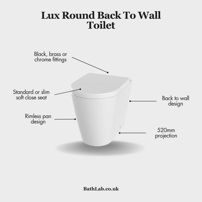 Lux Round Rimless Back To Wall Toilet & Soft Close Seat - Brushed Brass Fittings
