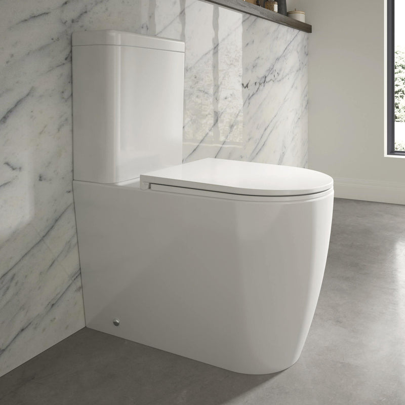 Lux Round Rimless Back To Wall Close Coupled Toilet & Soft Close Seat - Brushed Brass Fittings