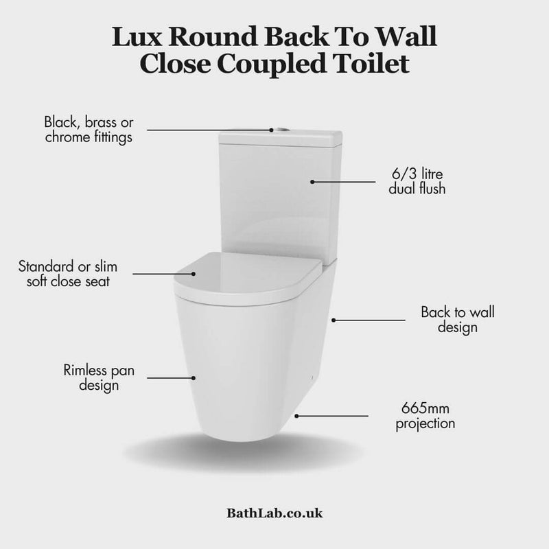 Lux Round Rimless Back To Wall Close Coupled Toilet & Soft Close Seat - Brushed Brass Fittings