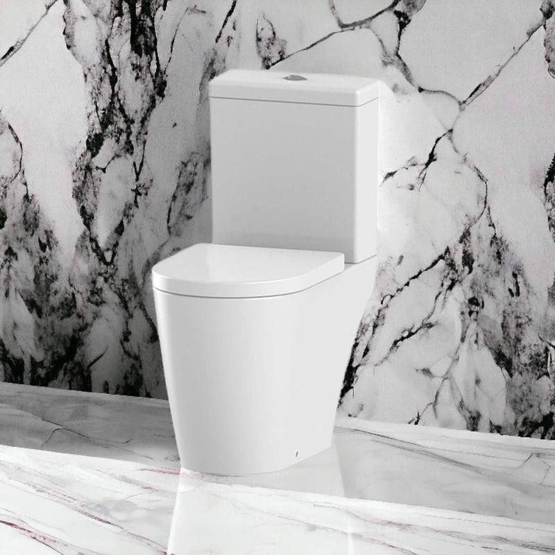 Lux Round Rimless Close Coupled Toilet & Soft Close Seat - Brushed Brass Fittings