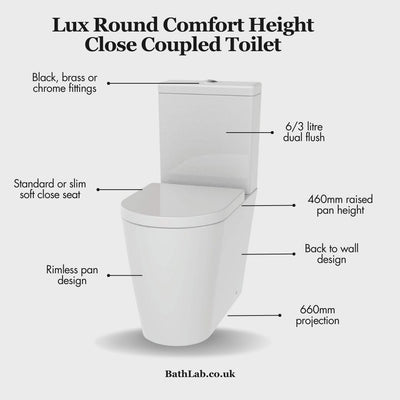 Lux Round Comfort Height Rimless Back To Wall Close Coupled Toilet & Soft Close Seat - Brushed Brass Fittings