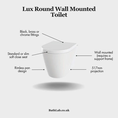 Lux Round Rimless Wall Hung Toilet & Soft Close Seat - Brushed Brass Fittings