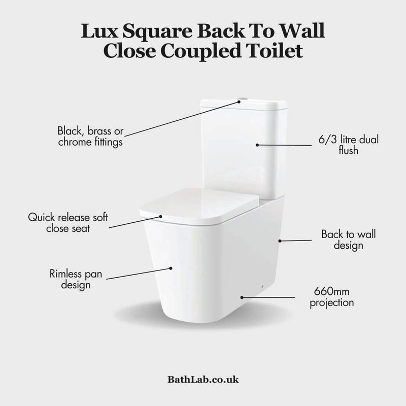 Lux Square Rimless Back To Wall Close Coupled Toilet & Soft Close Seat - Chrome Fittings