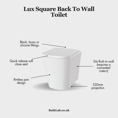 Lux Square Rimless Back To Wall Toilet & Soft Close Seat - Chrome Fittings