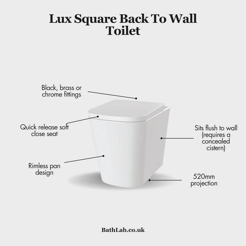 Lux Square Rimless Back To Wall Toilet & Soft Close Seat - Chrome Fittings