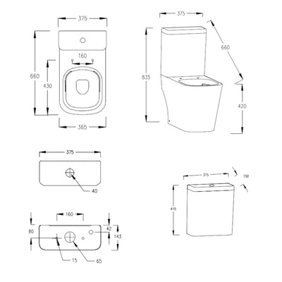 Lux Square Rimless Close Coupled Toilet & Soft Close Seat - Matt Black Fittings