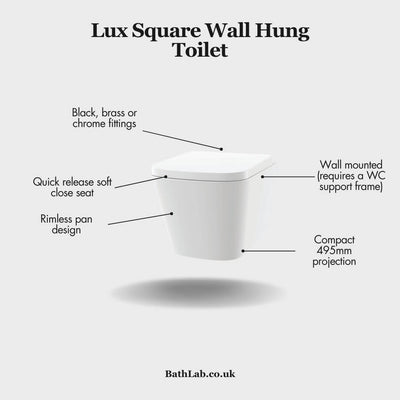 Lux Square Rimless Wall Hung Toilet & Soft Close Seat - Brushed Brass Fittings
