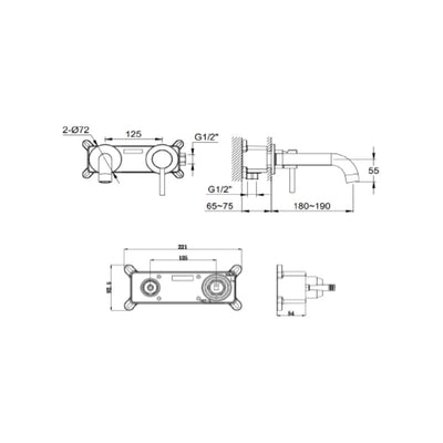 Lux Wall Mounted 2 Hole Basin Mixer - Brushed Brass