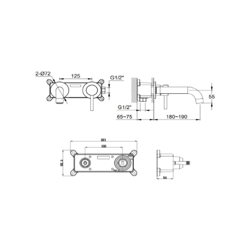 Lux Wall Mounted 2 Hole Basin Mixer - Chrome